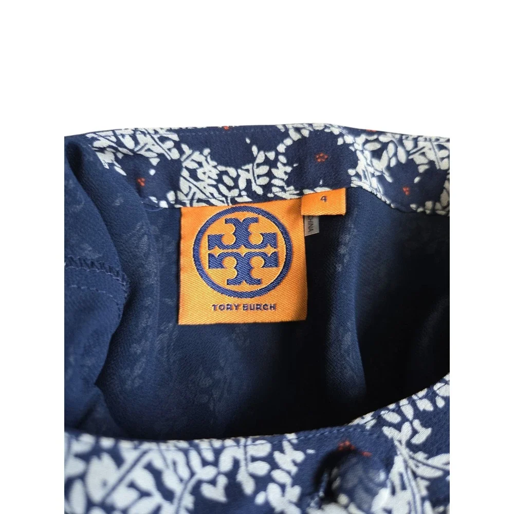 Tory Burch Navy Orange Floral Silk Button Down Mandarin Collar Blouse Size 4